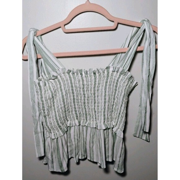 Lazy Sundays Medium Smocked Green/White Striped Smocked Crop Top, Size M - Picture 1 of 5
